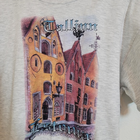 VTG Single Stitch 90s Graphic Shirt XL Crew Short Sleeve Gray Tallinn Estonia - Picture 13 of 13